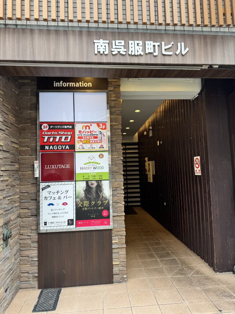 画像 名古屋栄店のビル入口と案内看板の写真.